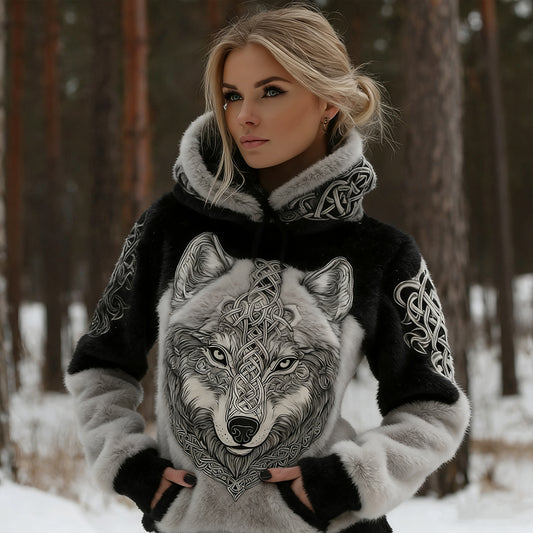 Comstylish Women's Retro Viking Wolf Art Plush Hooded Sweatshirt