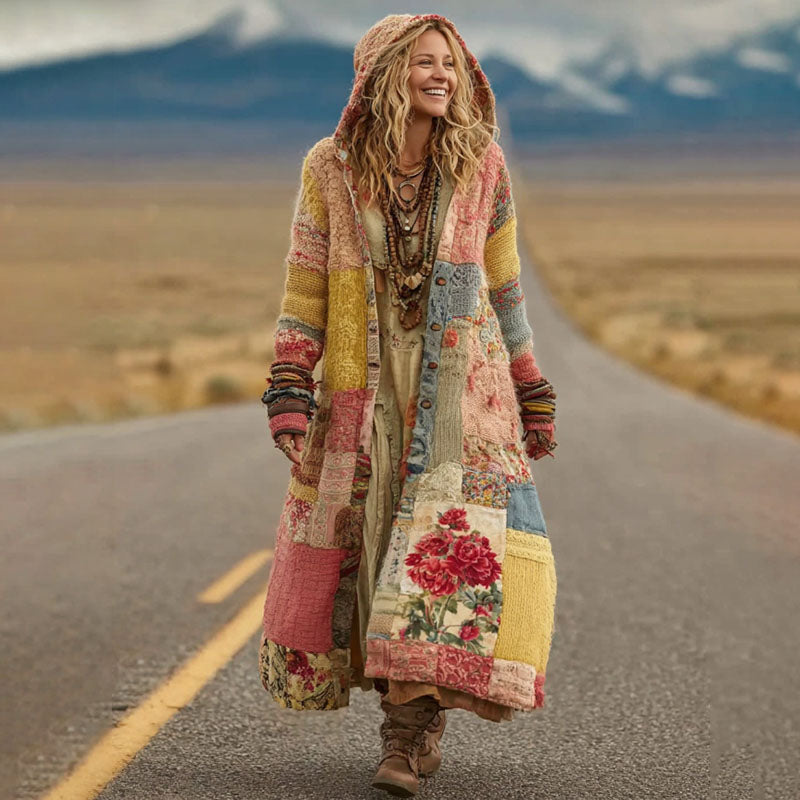 Comstylish Women's Vintage Patchwork Floral Art Cozy Knit Hooded Long Cardigan