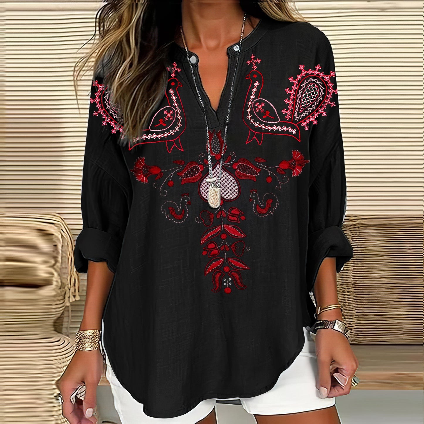 Women's Vintage Ethnic Kutch Embroidery With Flowers And Birds V-neck Shirt artswardrobe