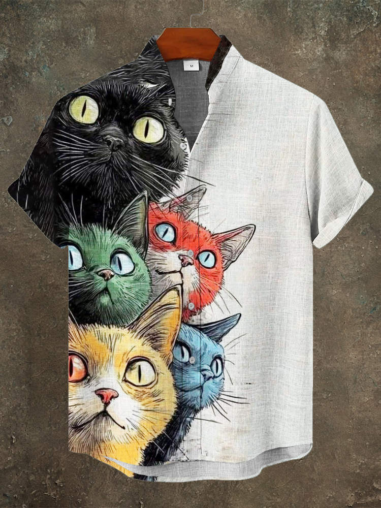 Japanese Cat Print Men's Linen Short Sleeve Shirt elevenforest