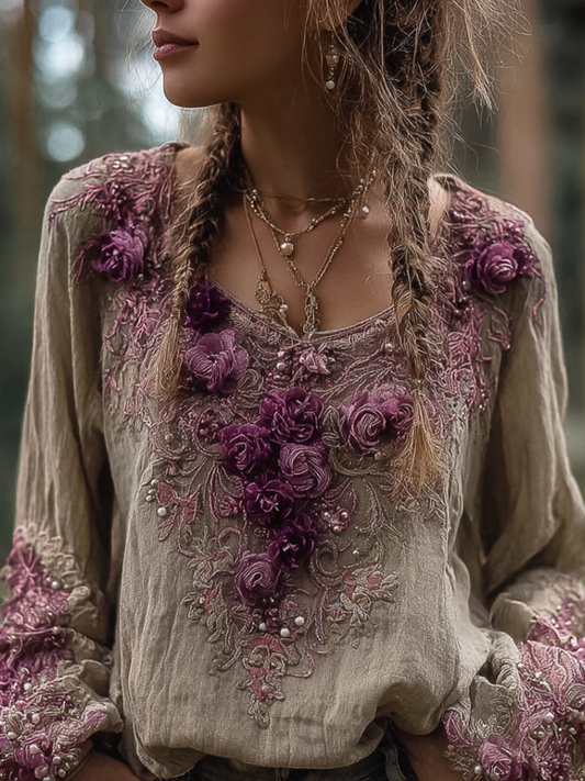 Comstylish Bohemian Style Round Neck Long Sleeve 3d Purple Flower Design Cotton And Linen Top For Women