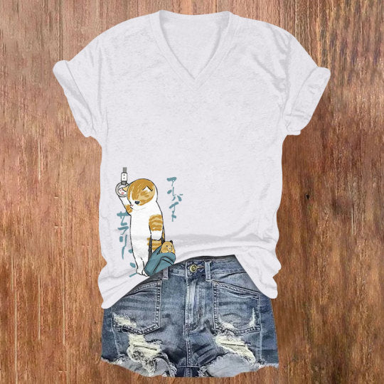 Japanese Cute Cat Print V-Neck T-Shirt elevenforest