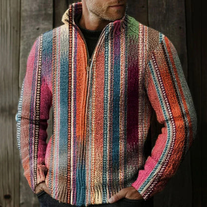 Men's Retro Colorful Striped Pattern Knitted Zip Sweater artswardrobe