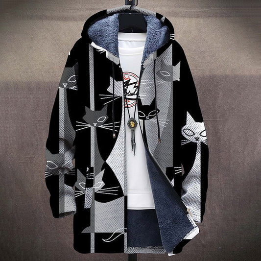 Abstract Cat Plush Thick Long-Sleeved Sweater Cardigan Coat elevenforest