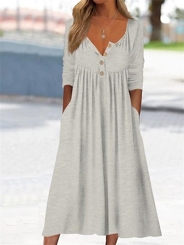 LM | Midi dress with V-neck and ruched pocket for women