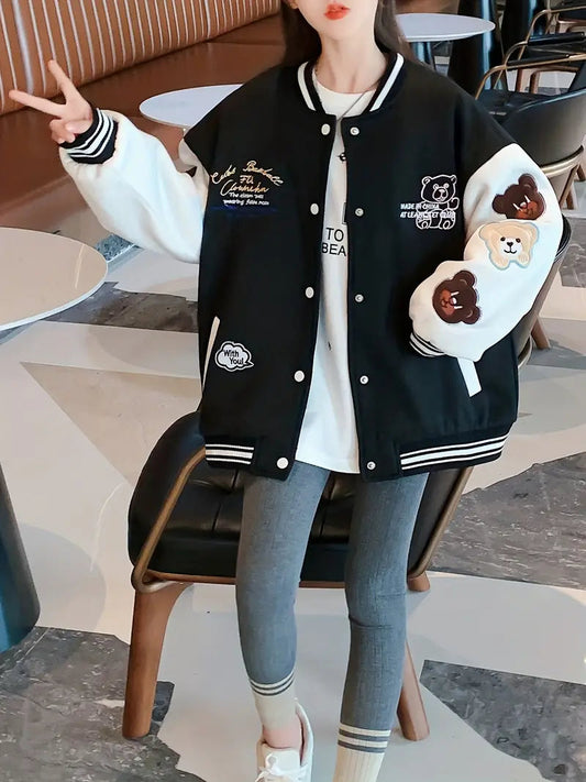 LM | College jacket with cuddly bear print