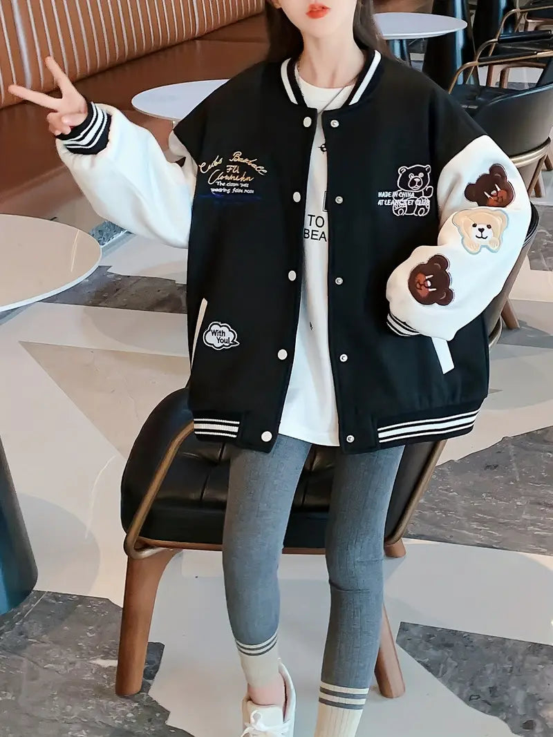 LM | College jacket with cuddly bear print
