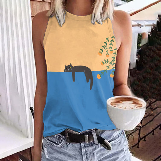 Abstract Creative Lazy Black Cat Painting Art Tank Top elevenforest