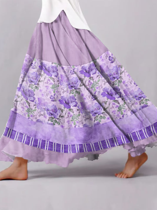 Women's Retro Casual Purple Floral Splicing Skirt artswardrobe