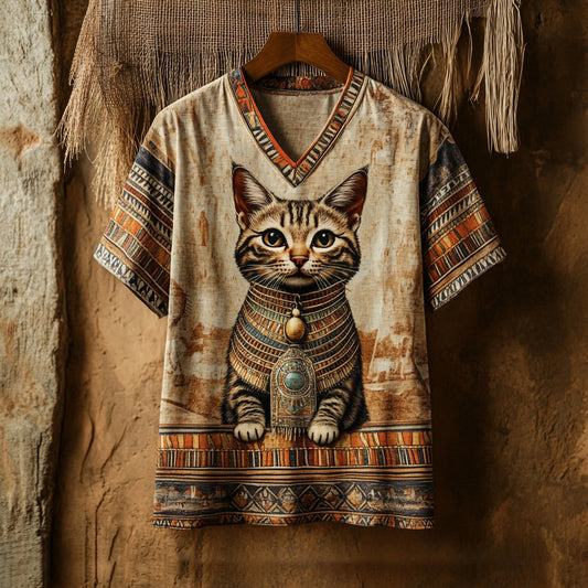 Retro Ancient Queen Of Egypt Cute Cat Art Linen Cotton Blend T-shirt