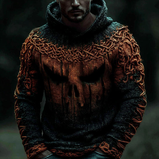 Viking Halloween Pumpkin Skull Men's Knit Twist Hooded Sweater elevenforest