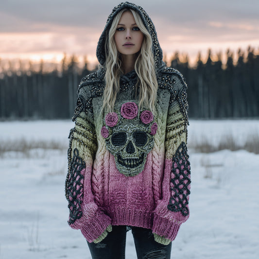Women's Vintage Skull Flower Gradient Art Cozy Knitted Hooded Sweater elevenforest