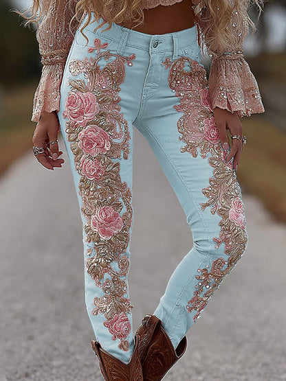 Women's Vintage Rose Floral Embroidery Art Loose Jeans artswardrobe