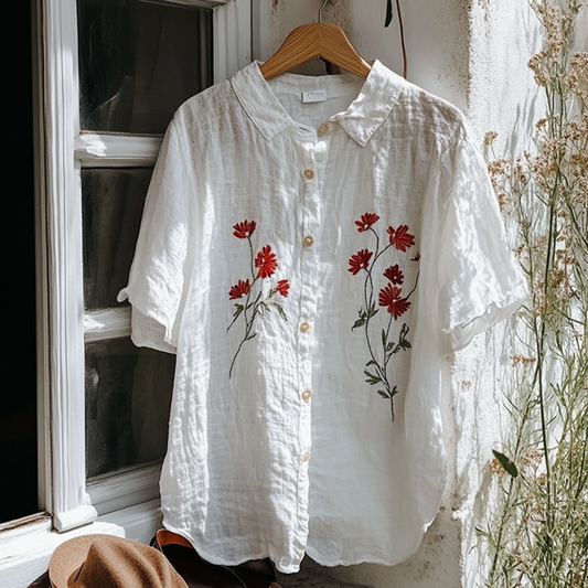 Comstylish Vintage Floral Embroidery Art Lapel Loose Blouse