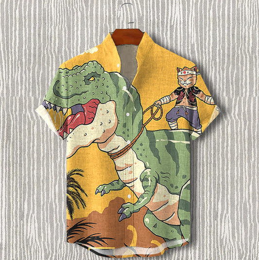 Men's Cat Samurai Riding A Dinosaur Fun Vacation Shirt elevenforest