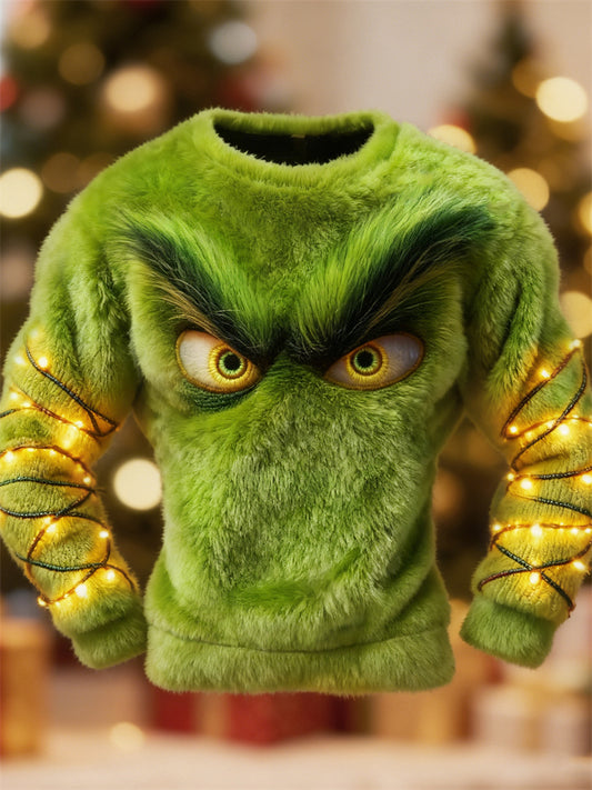 Comstylish Men's Christmas Lights Monster Eyes Cozy Plush Sweatshirt