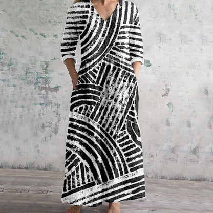 Soft Abstract Lines Pattern Linen Maxi Dress artswardrobe