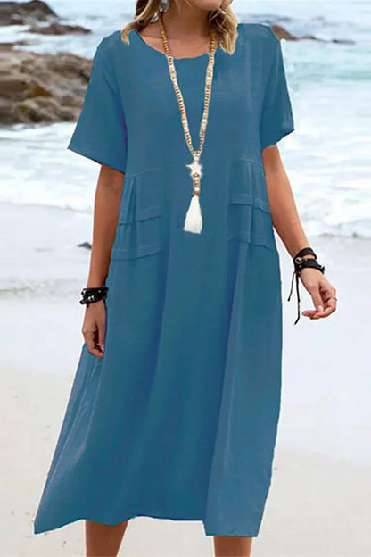 LM | Loose, short-sleeved casual dress with a round neckline and plain colors