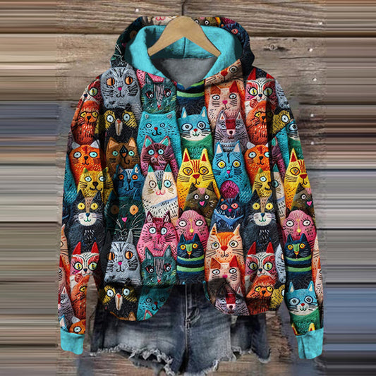 Colorful Cute Cats Embroidered Comfy Hoodie elevenforest