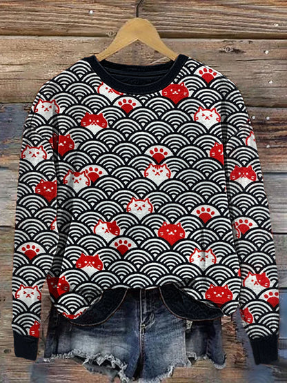 Japanese vintage Cats And Waves Pattern Cozy Sweatshirt elevenforest