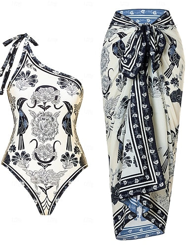 Swimwear One Piece 2 Piece Monokini Skirt Swimsuit Tummy Control High Waist Slim Backless Vacation Tropical Graphic Asymmetric Neck Sleeveless Bathing Suits