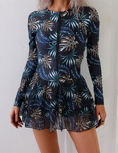 Rash Guard One Piece Swimsuit Tropical Front Zip Spandex Uv Sun Protection Upf50+ Quick Dry Long Sleeve Swimwear Bathing Suit Surfing Beach Water Sports Summer