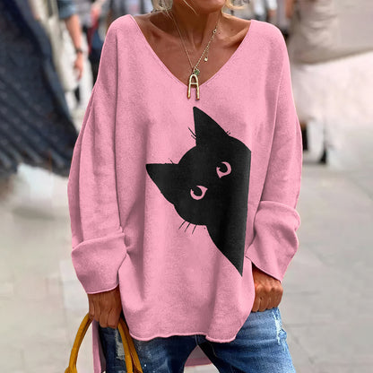 Comstylish Women's Classic Peek-A-Boo Hiding Black Cat Painting Print Long Sleeve T-Shirt