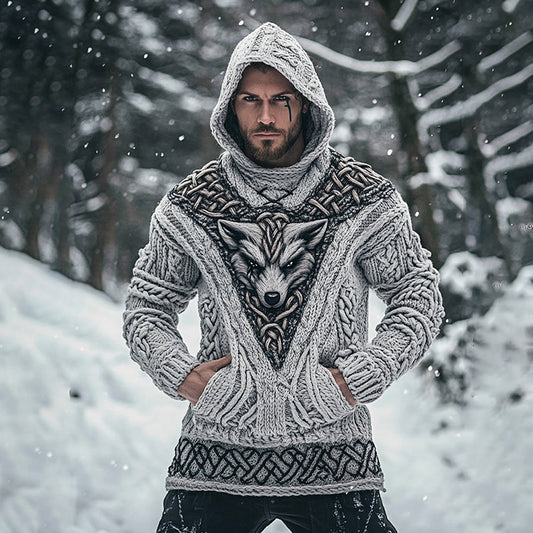 Men's Viking Tribal Wolf Inspired Celtic Chunky Knit Pocket Hooded Sweater elevenforest