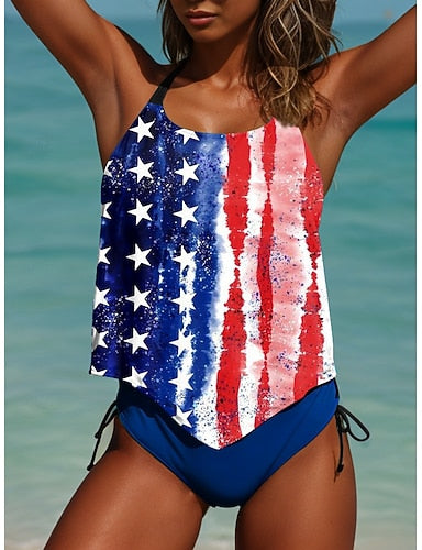 Independence Day Patriotic Patriot Veteran Swimsuit Tankini 2 Piece Cheeky Swimsuit Backless Vacation Beach Wear Flag U Neck Sleeveless Bathing Suits