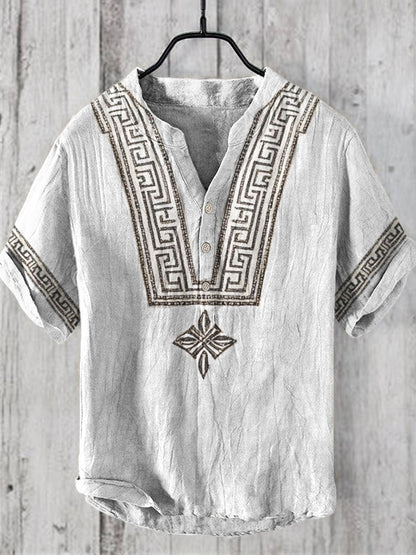 Vintage Greek Pattern Men's V-neck Linen Shirt artswardrobe