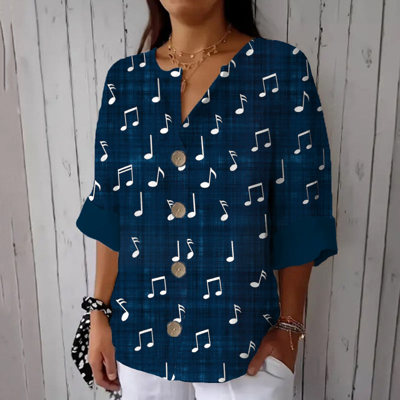 Comstylish Musical Notes Pattern Print Linen Casual Shirt