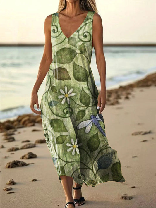 Women's Bohemian Floral Dragonfly Art Print Pocket Cotton Dress