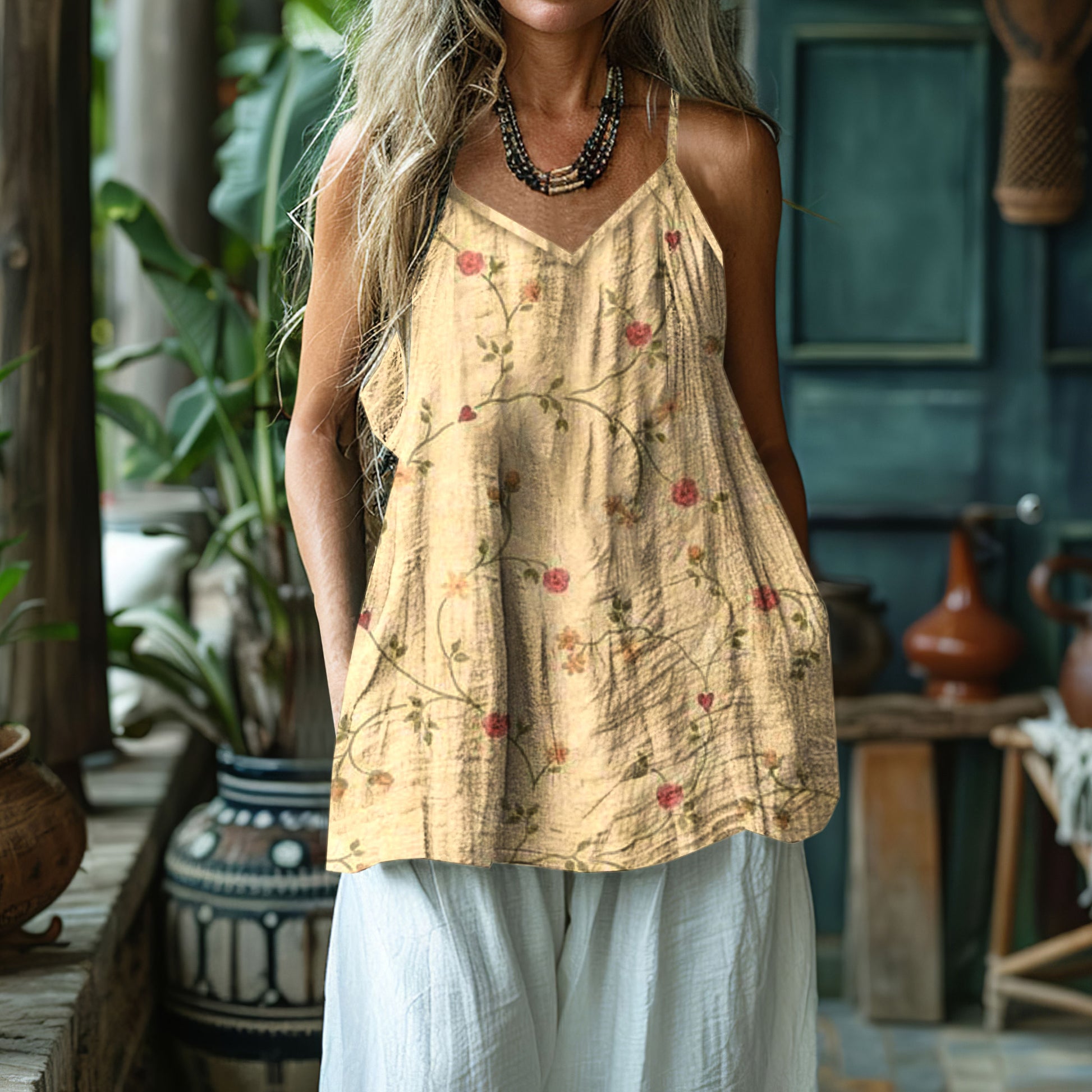 Women's Floral Art Linen And Cotton Camisole artswardrobe