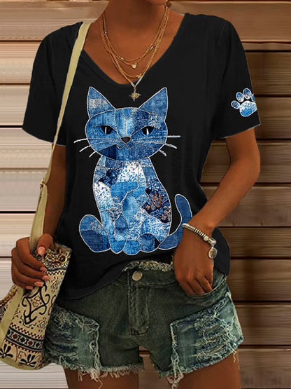 Women's Retro Animal Cat Print V-neck T-shirt artswardrobe