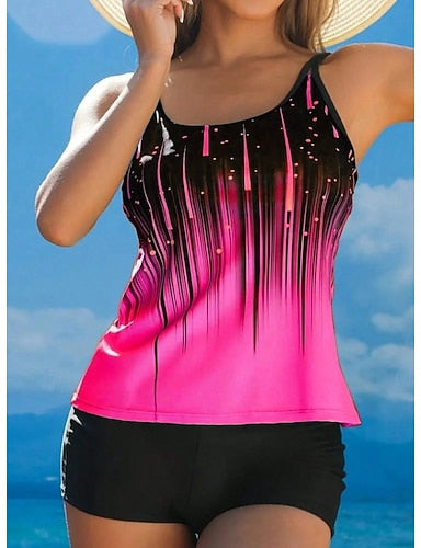 Swimwear Tankini High Waist Swimsuit Active Tropical Ombre U Neck Sleeveless Bathing Suits