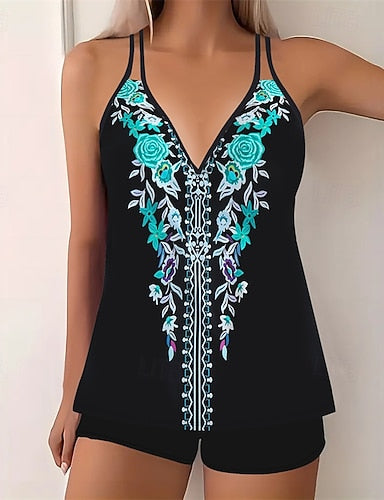 Tankini Two Piece Swimsuit V Neck Swimwear Swimwear Black Purple Breathable Quick Dry Lightweight Sleeveless - Swimming Surfing Beach Summer Spring
