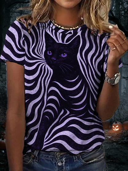 Women's Halloween Black Cat Stripes Print Casual Tee elevenforest