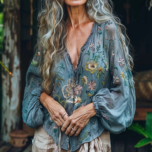 Bohemian Floral Linen Art Print Long Sleeve V-neck Shirt artswardrobe