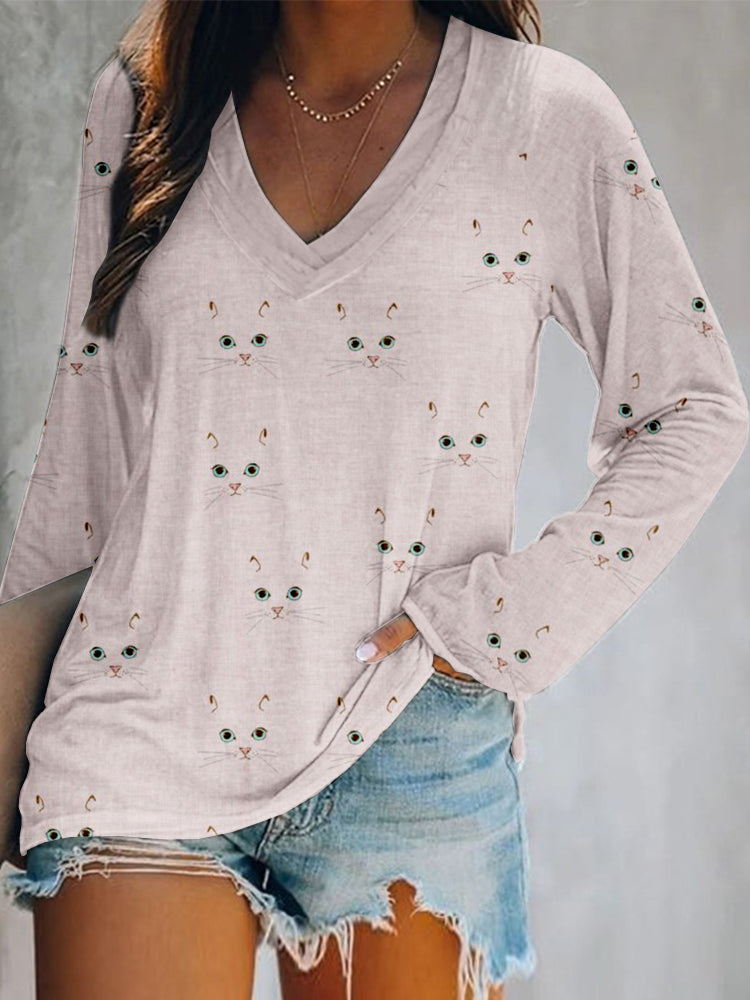 Cute Cat Face Pattern V Neck Casual T Shirt elevenforest
