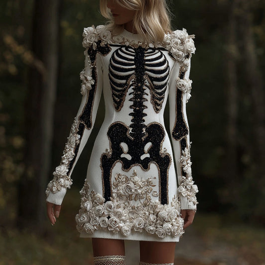Classy Skull And Roses Art Cozy Knit Sweater Dress artswardrobe