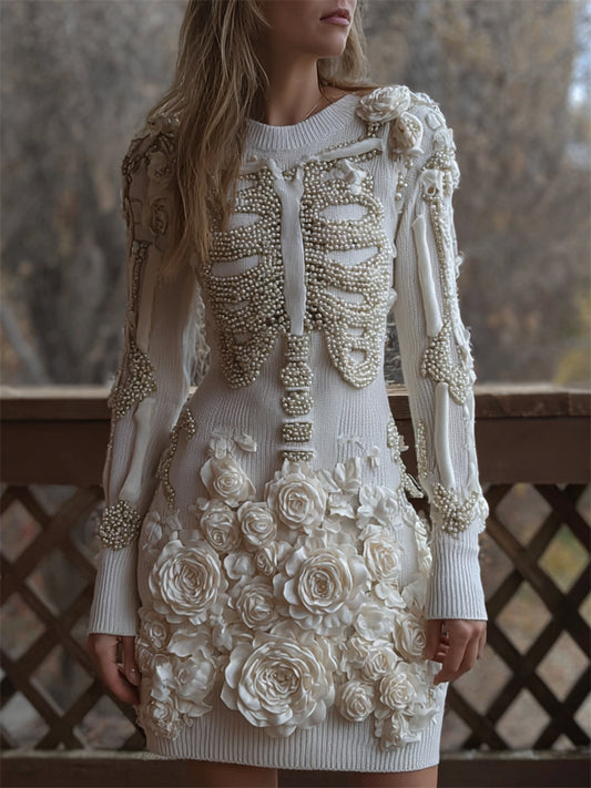 Comstylish Classy Skeleton White Roses Pearls Beaded Cozy Knit Sweater Dress