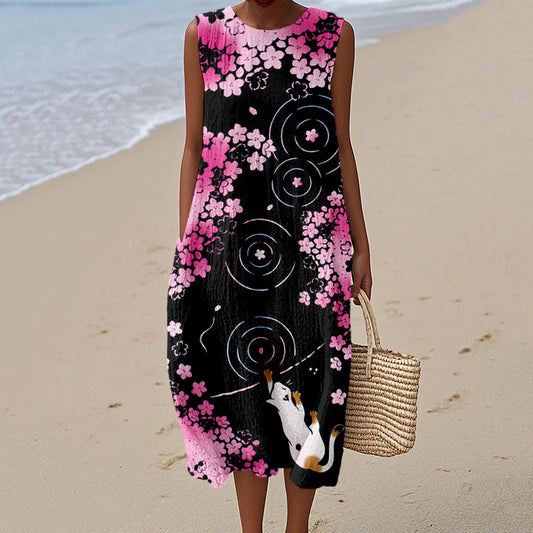 Cherry Blossom & Cat Art Pattern Linen Midi Dress elevenforest
