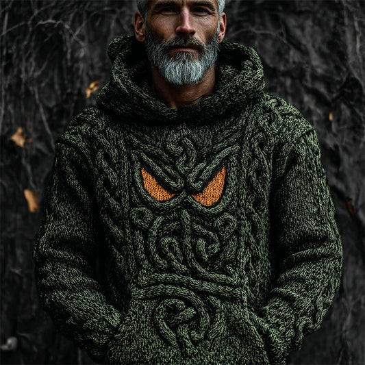 Men's Halloween Monster Face Celtic Cozy Knit Hooded Sweater elevenforest