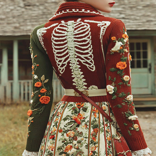 Comstylish Vintage Halloween Skeleton Floral Button Down Lapel Knitted Sweater Cardigan