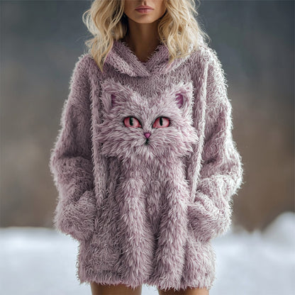 Comstylish Cute Fuzzy Cat Embroidered Soft Hooded Sweater