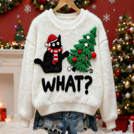 Women's Christmas Tree Cat Plush Sweater elevenforest