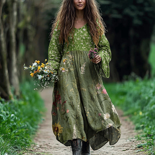 Women's Floral Casual Linen Long Sleeve Dress artswardrobe