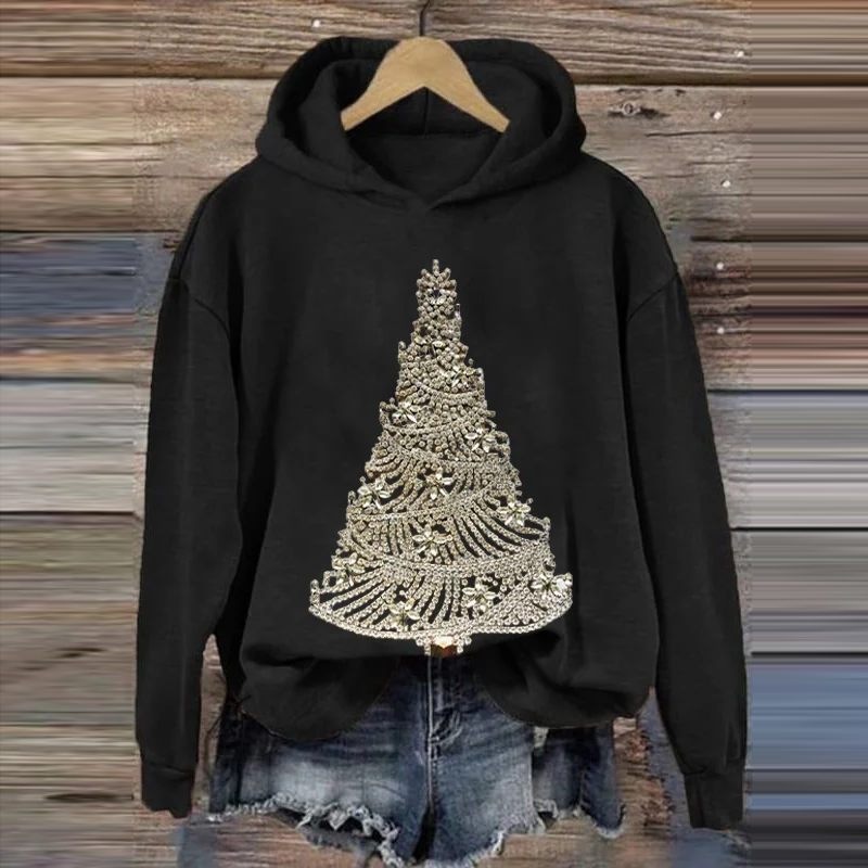 Comstylish Women's Christmas Tree Art Print Casual Hoodie