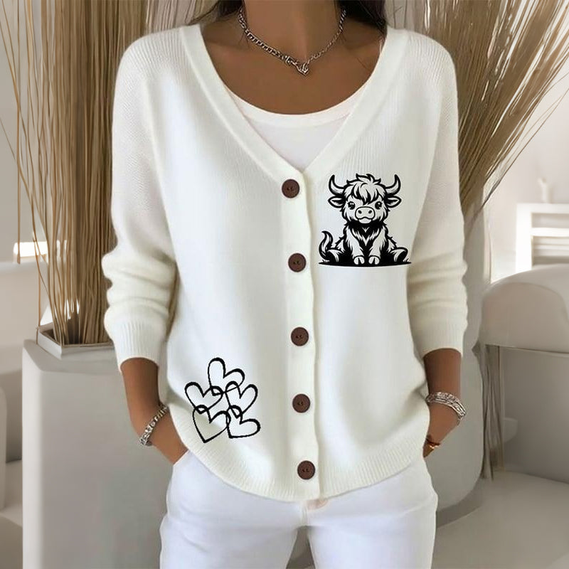 Women's Highland Cow Print V-neck Knit Cardigan artswardrobe
