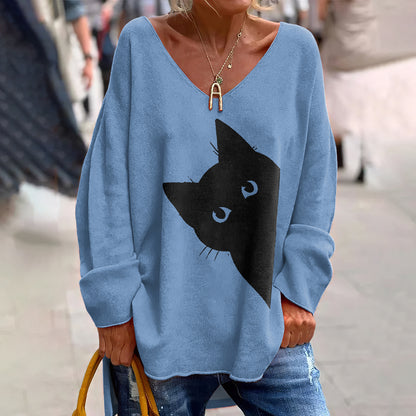 Comstylish Women's Classic Peek-A-Boo Hiding Black Cat Painting Print Long Sleeve T-Shirt